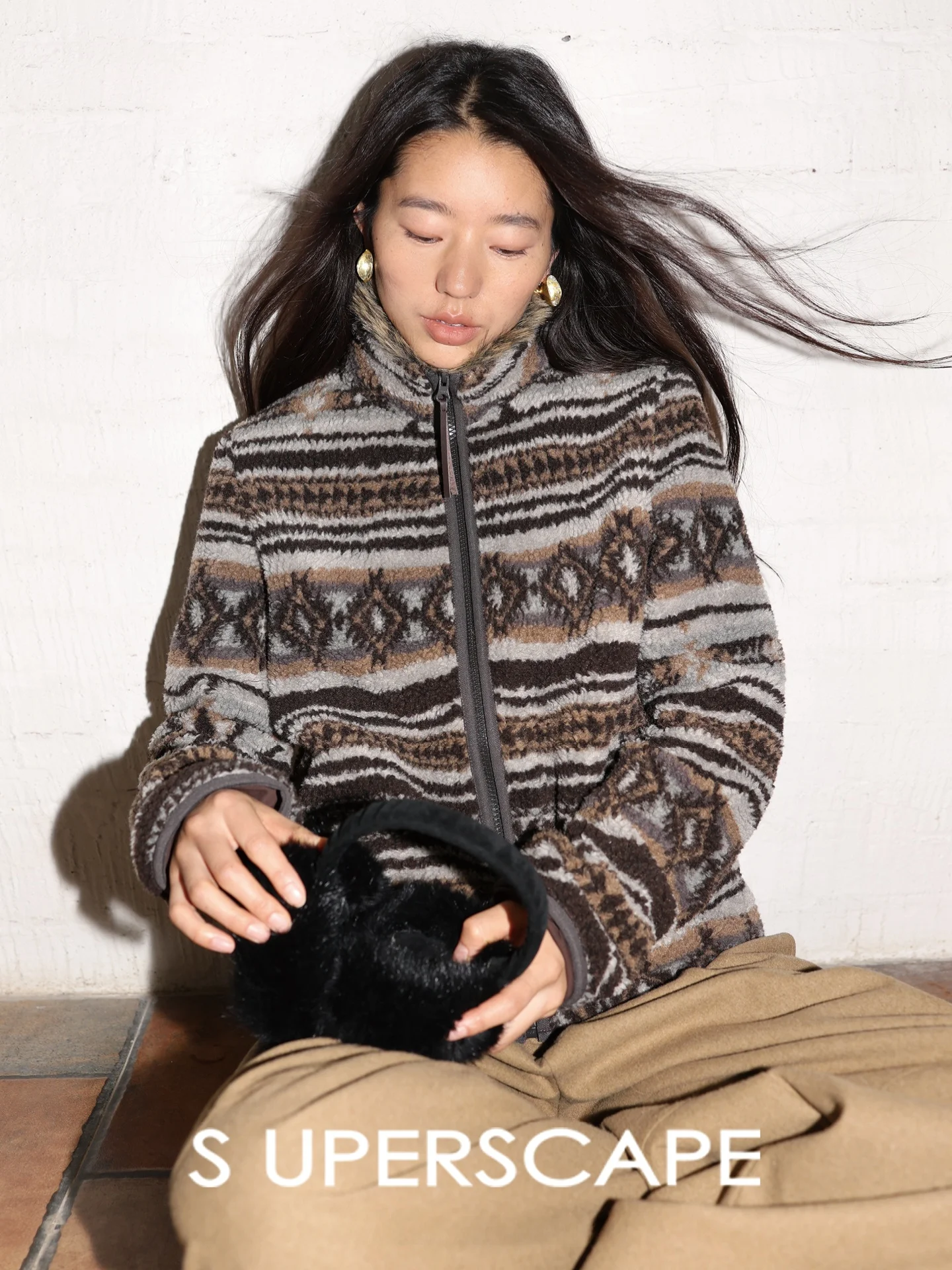 

Warm Manageable Plaid Faux Fur Zipper Collar ort Coat Casual Sle Polyester Fiber Ladies Coat Stand Collar Long Sve