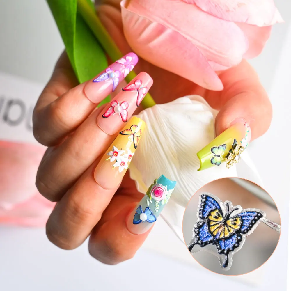 1 Blatt Schmetterling Nail Art Aufkleber 5D geprägte bunte Blumen Nagelaufkleber Retro Schmetterlinge Rose selbstklebende Aufkleber für Maniküre