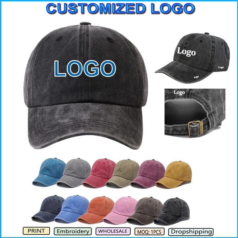 Custom Logo Print Embroidery Kid Adult Baseball Hat Vintage Cotton Dad Cap Men Women Sport Adjustable Washed Denim Trucker Hat