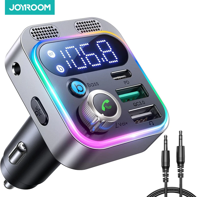 Nadajnik FM 2024 Bluetooth 5.3 do samochodu, [mocniejszy dźwięk z dwoma mikrofonami i głębokim basem], ładowarka samochodowa 48 W PD i QC3.0 Adapter Bluetooth