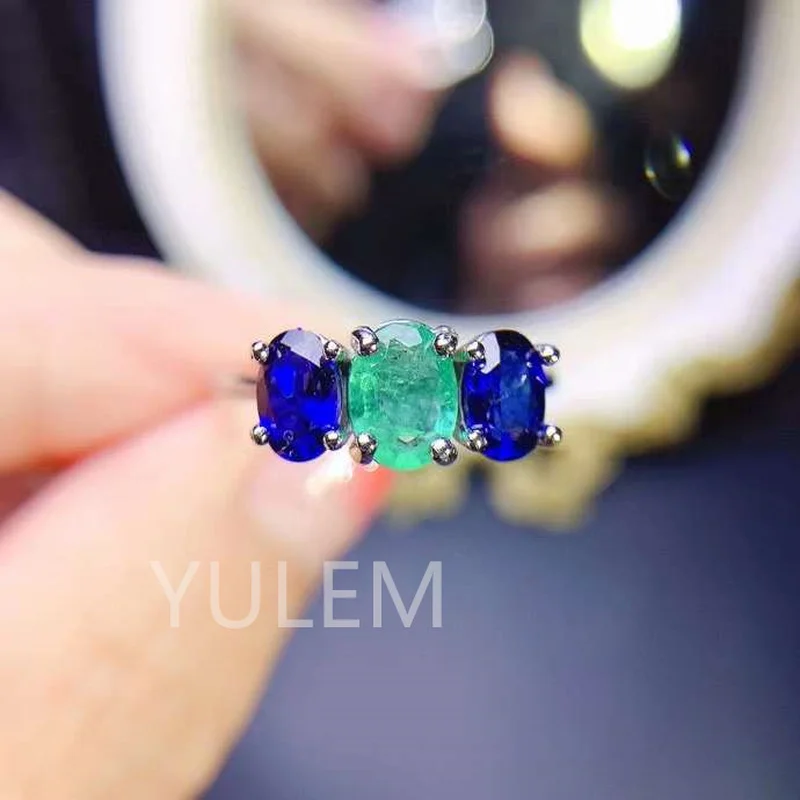 

YULEM New Arrival Simple Design 5*7mm Natural Emerald and 4*6mm Natural Sapphire Wedding Ring 925 Sterling Silver