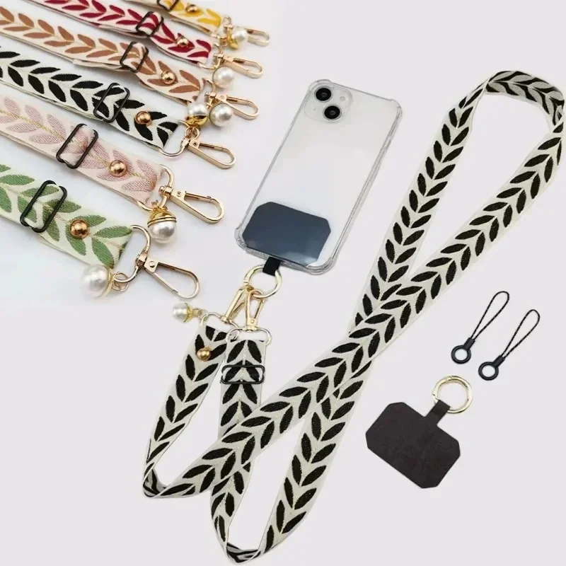 Adjustable Long Mobile Phone Lanyard Crossbody Card Neck Cord Clip Hang Lanyard Pearl Hanging Ornaments Charm Anti-lost Lanyard