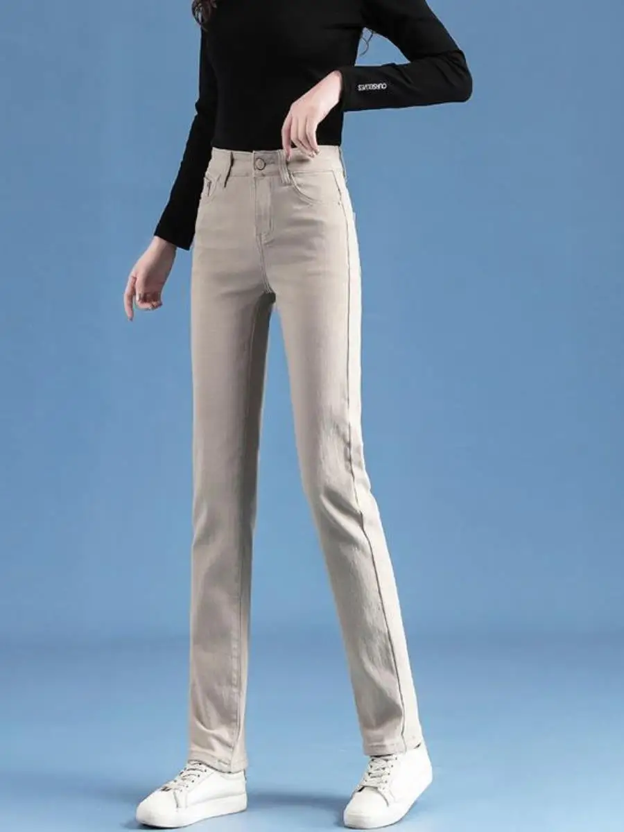 

High Waist Straight Leg Denim Jeans Women's Spring 2025 New Sle Slimming Khaki Color Pants Elastic Casual Straight Tube
