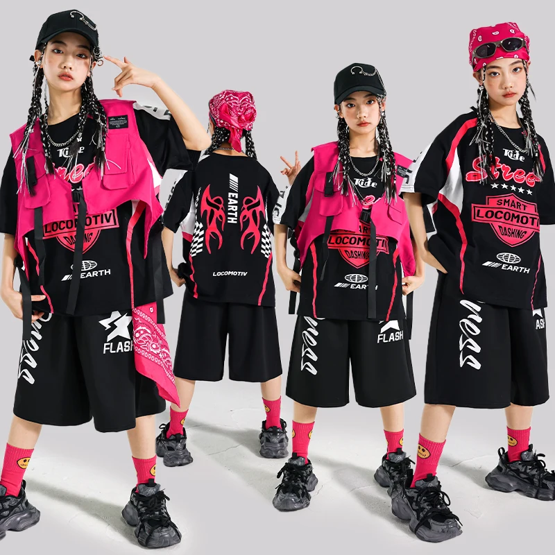 

Розовый жилет для танцев в стиле хип-хоп для мальчиков, уличная одежда, брюки-карго, шорты для уличных танцев для девочек, детские комплекты одежды для джаза K-pop, детские костюмы