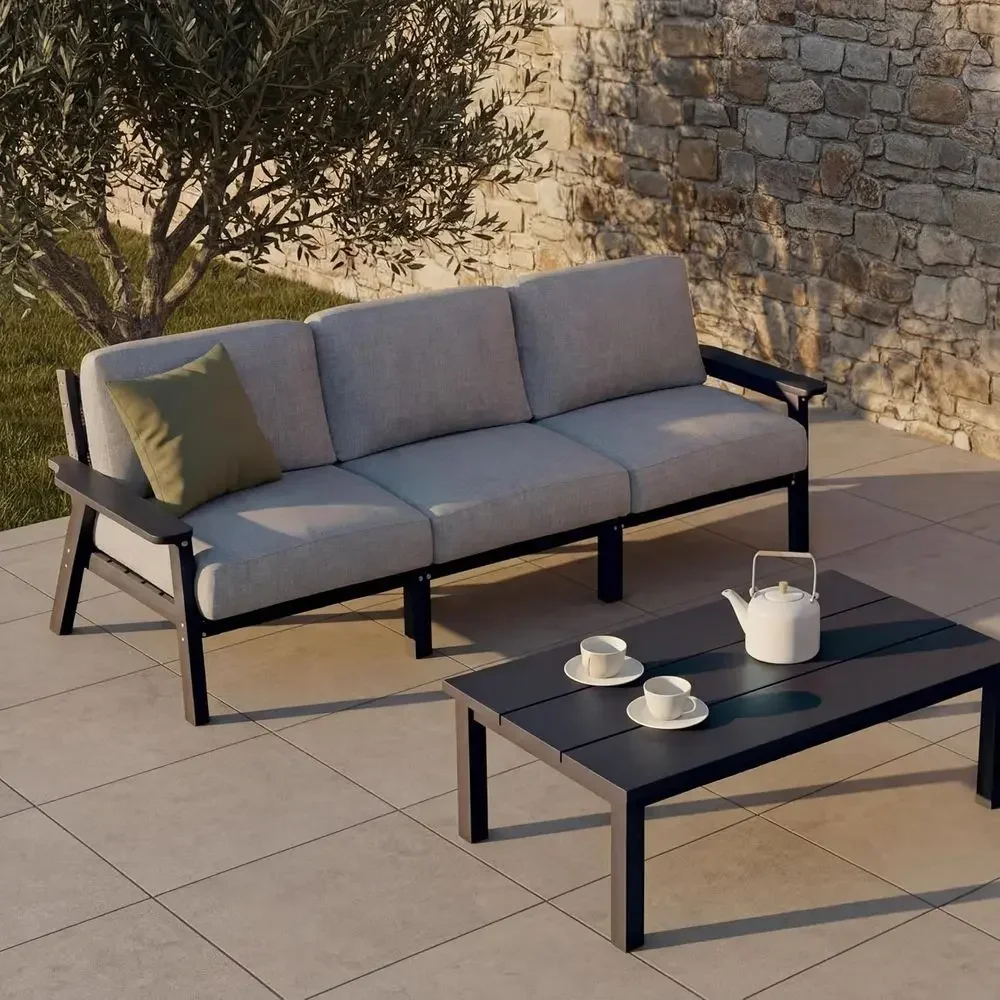 Patio urniture Set 3 Seats, HDPE Outdoor Sectional with Washable Gray Thick Cushions, Coee Table & Side Table, Patio Contion Set