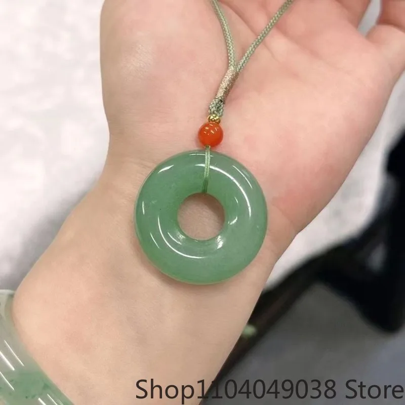 

Green Dongling Jade Bread Circle Safety Ring Pendant Couple Style Pendant Necklace