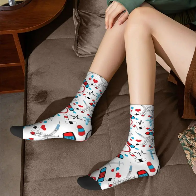 Cute Nurse Doctor EKG Pattern Dress Socks Men Women Warm Fashion Novelty Nursing Crew Socks