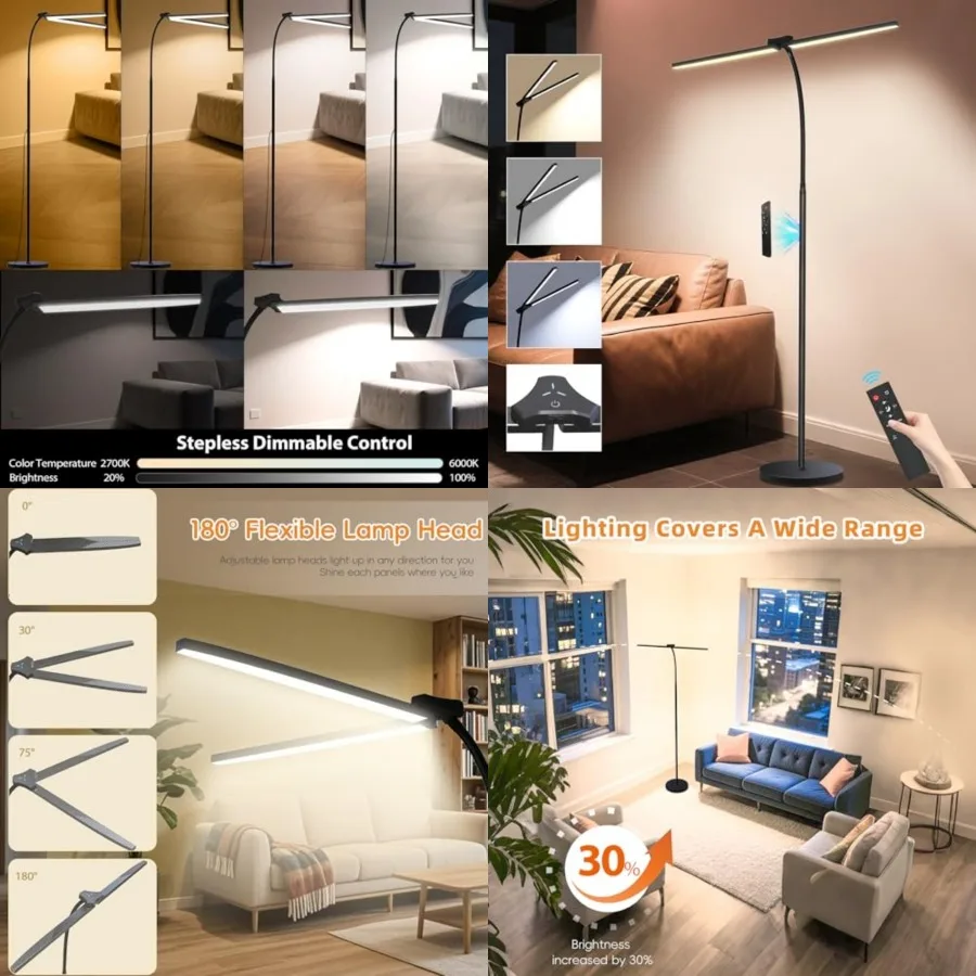 24W/2400LM Dual Head LED Floor Lamp for Living Room, Reading Standing Task Lamp for Office, Adjustable Panels with Remote, No G