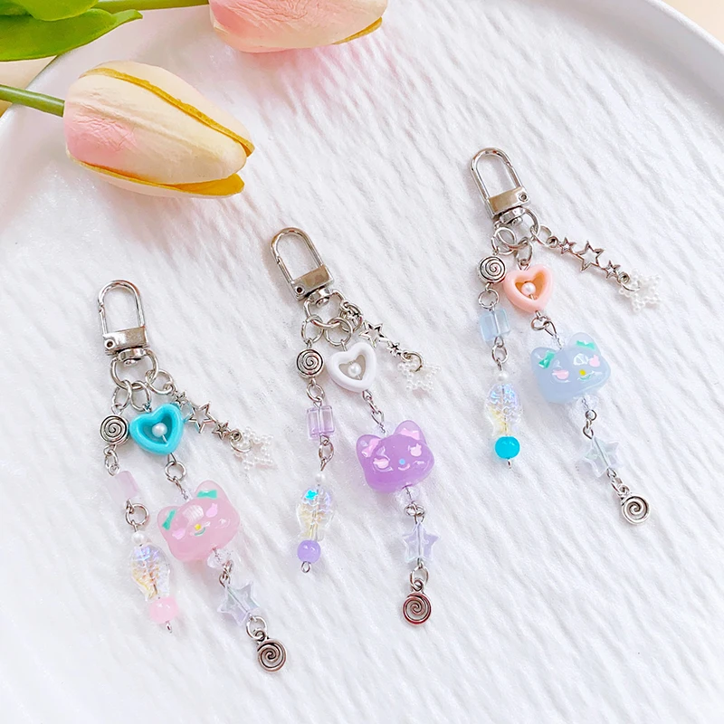 Cartoon Kittens Beaded Keychain Cure Animal Keychain Pendant For Women Girls Exquisite Backpack Decoration Accessories Gifts