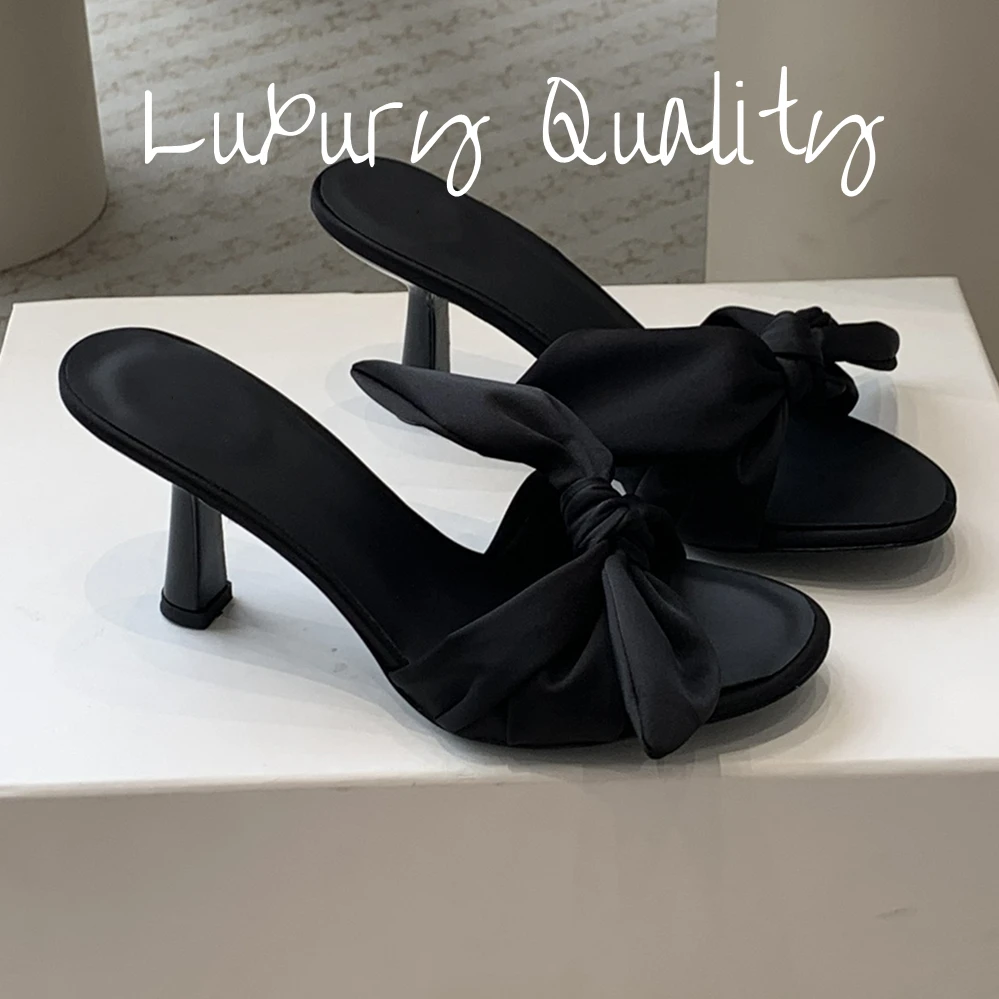 

2024 New Women's Slippers High Heel Design Solid Color Silk Bow Design Genuine Leather Sole