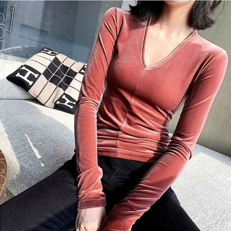 Women Spring V-Neck Velvet Shirts Casual Long Sleeves Tops Slim Fit Shirt Female Fall Clothing 2025 Wine Green Blue Purple