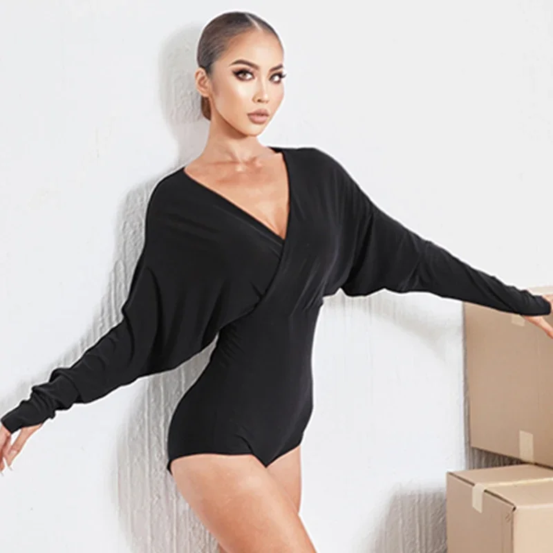 New Latin Dance Tops Bat Sleeves V Neck Long Sleeves Leotard Women Rumba Samba Dancing Clothes Adult Practice Clothing DNV17109