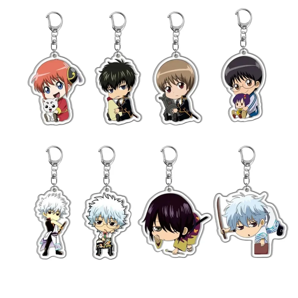 Anime GINTAMA Kawaii HD Figure Sakata Gintoki Acrylic Keychains Okita Sougo Pendants Kagura Keyring Bag Decoration Series 6cm