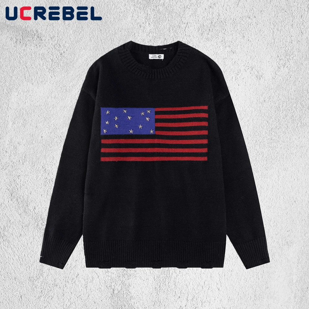 

Свитер с рваными заклепками, мужской жаккардовый осенне-зимний уличный свитер в стиле ретро, вязаный пуловер с круглым вырезом и длинными рукавами, мужской