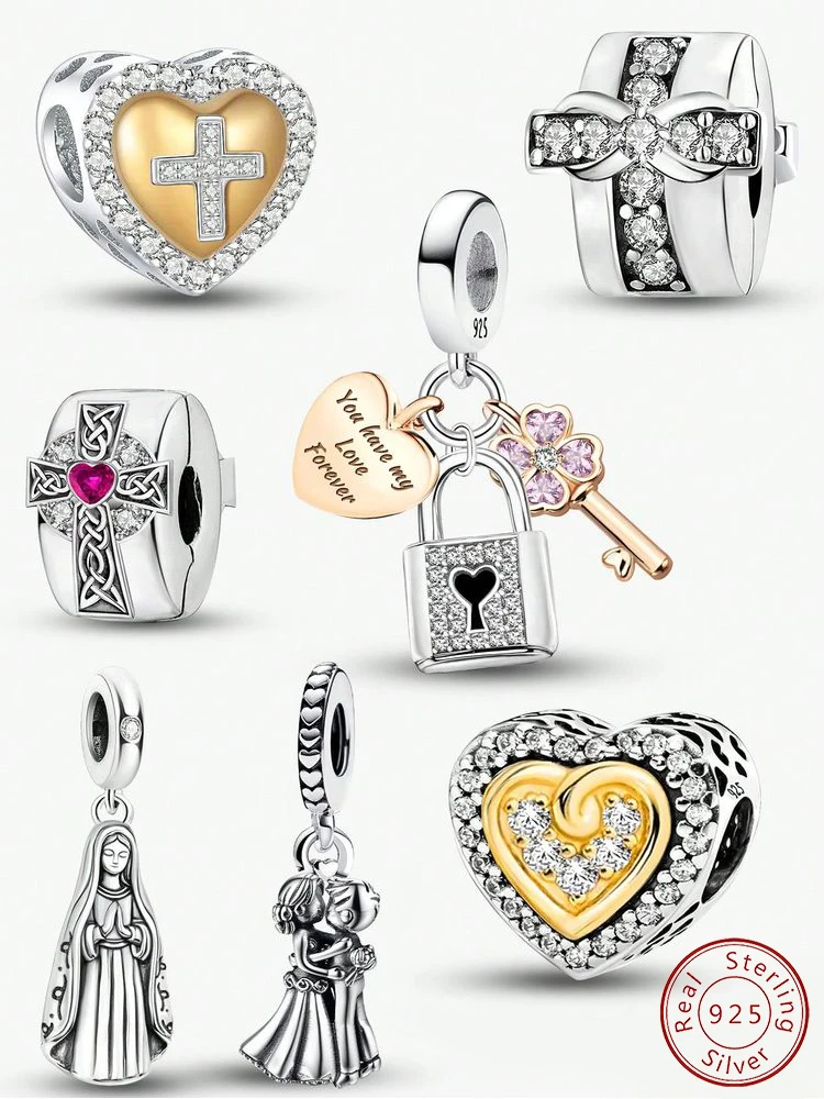 

925 Sterling Silver Classic Cross Lock Holy Mother Charms Beads Bracelet Necklace Making Gift Of High Quality Fine Jewelry
