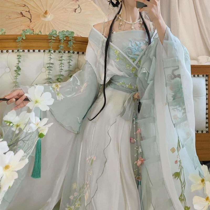 Hanfu Women Chinese Traditional Embroidery Stage Dance Dress Female Fairy Cosplay Costume Summer Hanfu Green White Dress Gift