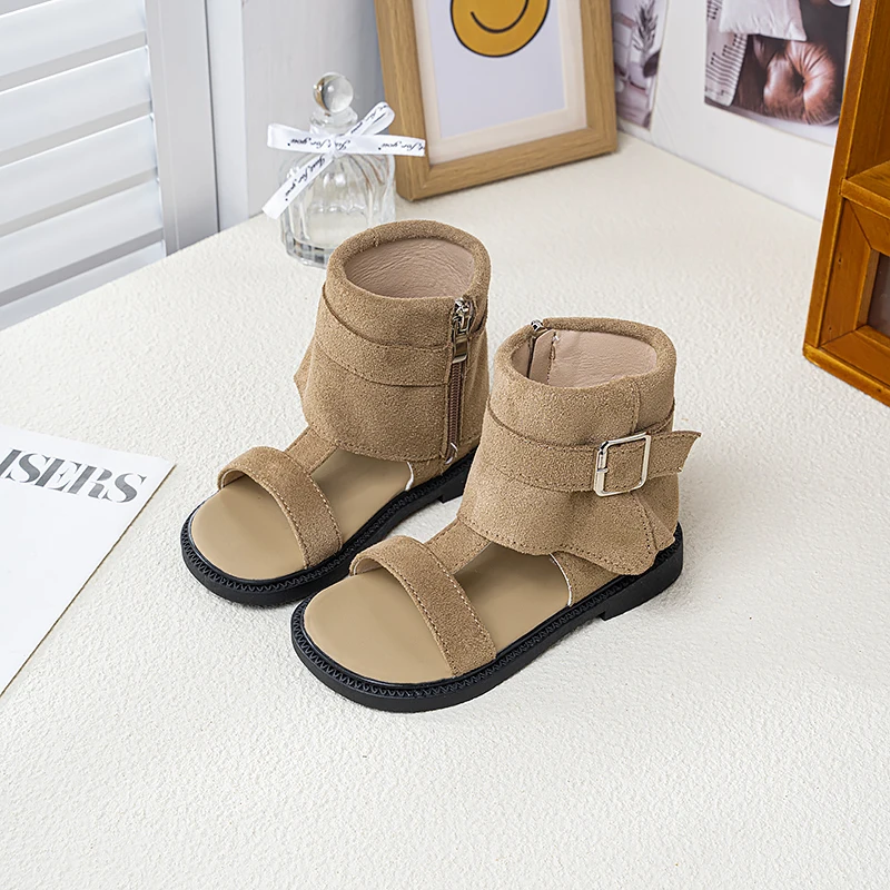 Mumoresip Girls Retro Gladiator Sandals Fashion Summer Children's Roman Sandals Solid Color High-top Causal Kids Flat Sandals