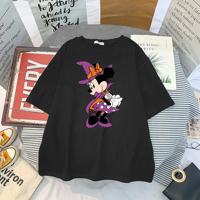 Cartoon Disney Mickey Mouse Printed Women T-shirt Happy Halloween Harajuku Kawaii Street Clothing O Neck Short Sleeve Tops