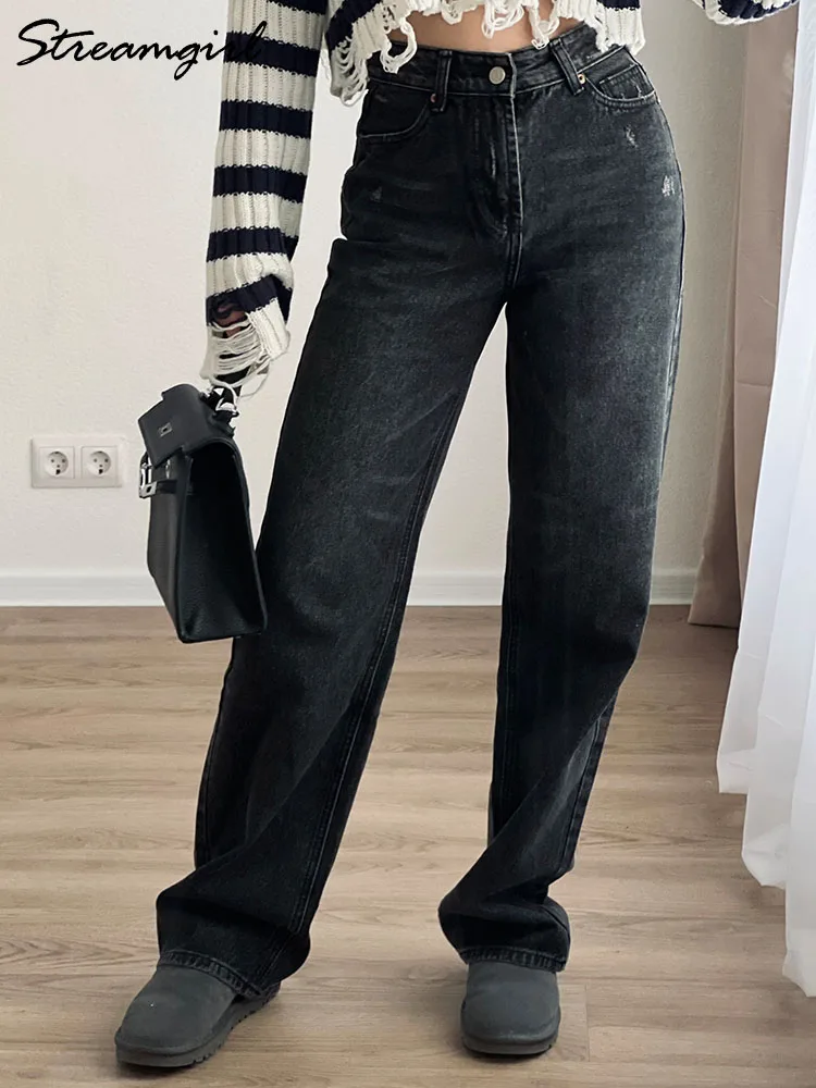 Black Straight Jeans Women Middle Waist Denim Trousers Vintage Long Ripped Jeans For Women Casual Women's Denim Wide Leg Pants