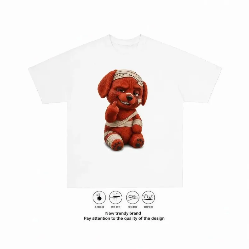 Vertical Middle Finger Little Red Dog Pure Cotton Printed Men's and Women's Fashionable Loose T-shirt New Personalized T-shirt