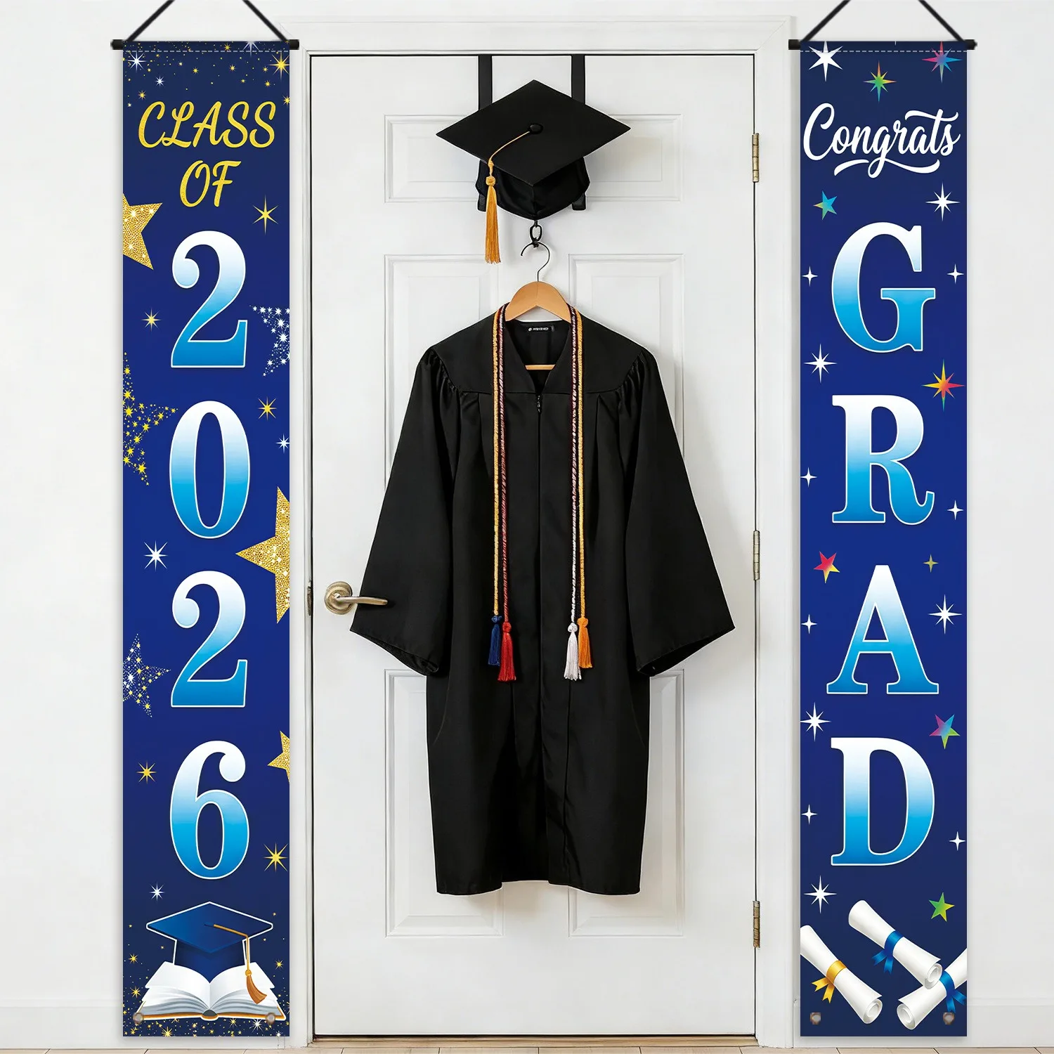 1 Set Polyester-Abschluss-Türbanner-Set mit Muster „Klasse 2026“, hängende Veranda-Schilder für Abschlussfeiern, Dekoration für die Haustür und die Veranda