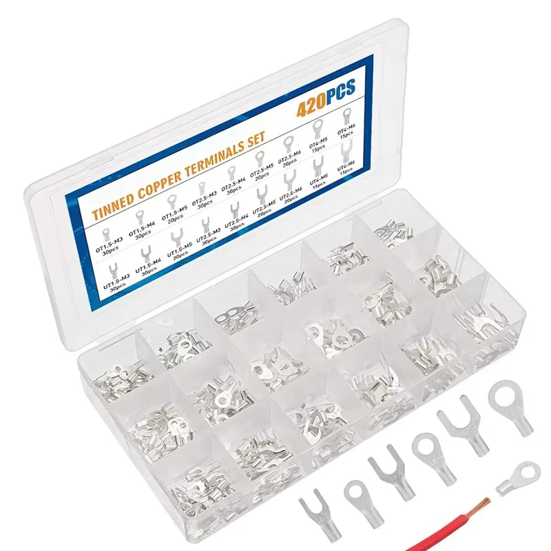 420pcs Cable Lug Set Crimp Connector Electrical Wire Connector Copper Ring Fork Cable Lugs Tools Assortment Kit M3 M4 M5 M6