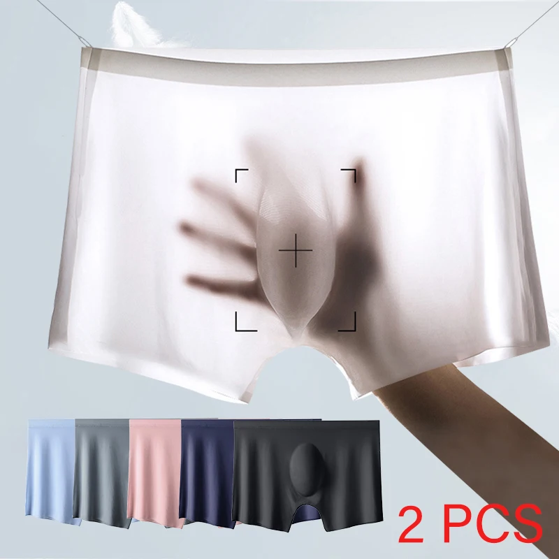 

2 Pcs/Lot Men's Ultra-thin Panties Summer Ice Silk Boxers Briefs Underwear Lingerie Shorts Breathable Sexy Seamless Underpants
