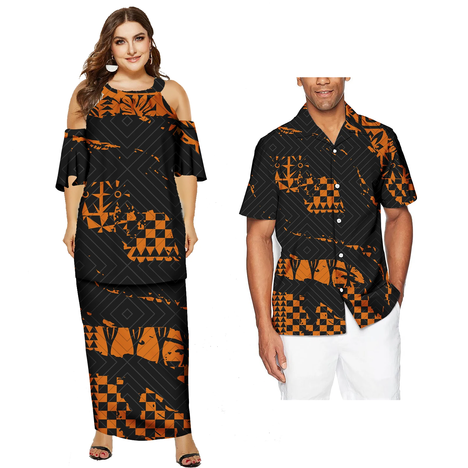 Polynesian Tribal Couple Of Set Print Custom Samoa Puletasi Sweet Lovers Matching Couples Clothes Elegant Casual Dress