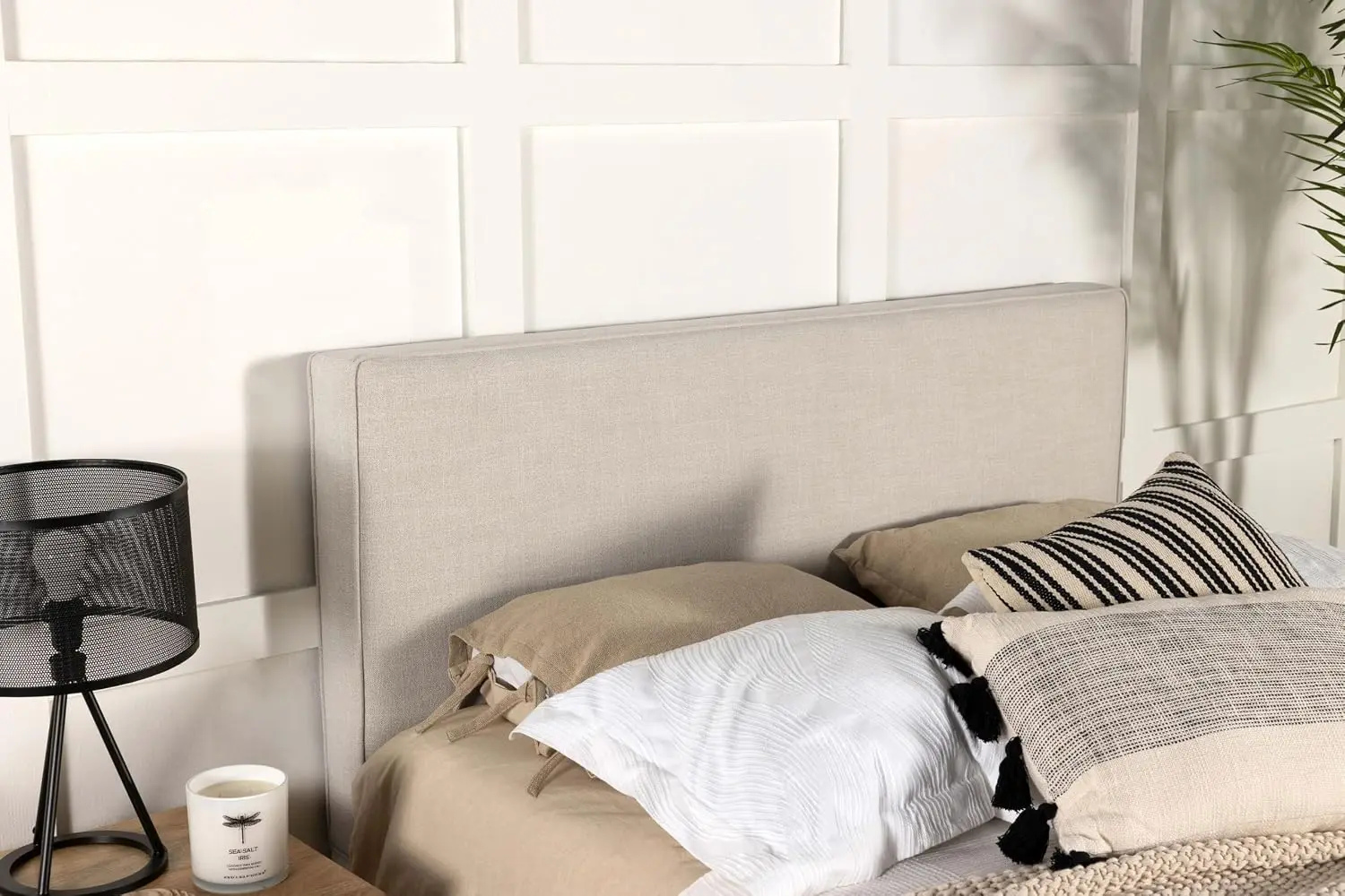 Pine Wood Upholstered Panel Headboard with Self-Welt Foam Padding, Transitional Bedroom Eastern King Sand, Customized