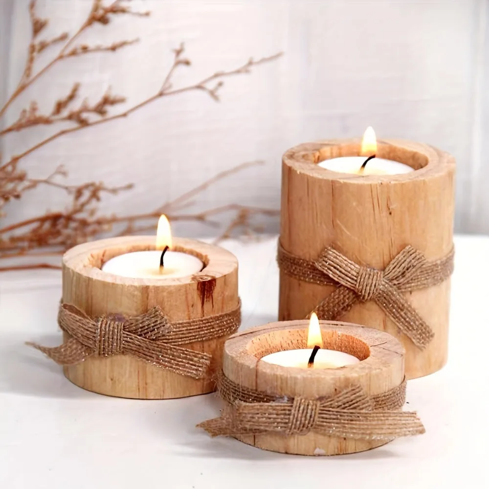 3pcs Wooden Wishing Candle Holder Set Candle Stand Decoration Suitable for Gifts Home Decoration Rural Style Wedding Party Table
