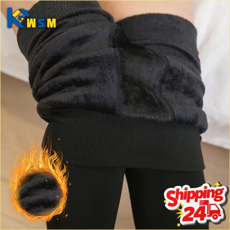 

Autumn and Winter Womens Pearl Fleece Lined Leggings Elastic Waist Ankle Design Warm Tights Thermal Underwear Layer