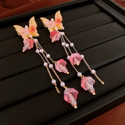 Butterfly Flower Crystal Tassel Earrings for Women Korea Sweety Long Drop Earring Fashion Temperament Luxury Designer Jewelry