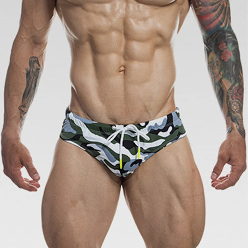 Men's Sexy Swimming Briefs with Removable Bulge Pouch Push Up Cup Front Pad Fashion Camo Tie Swimsuit Swimwear