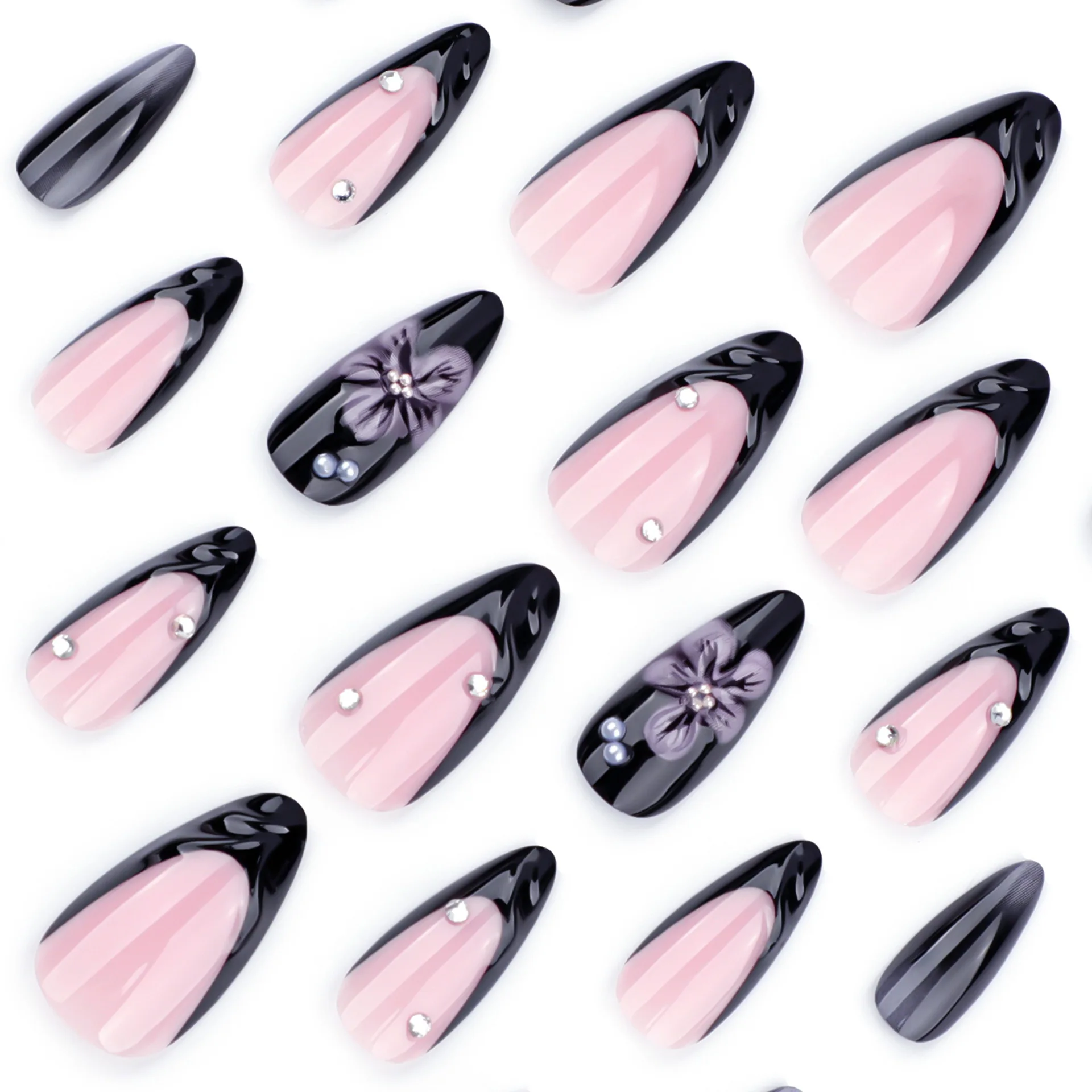 24pcs Ins Dark Purple Flower Design Press on Nails Spice Girls Black French False Nail Tips Wearable Sweet Korean Fake Nails