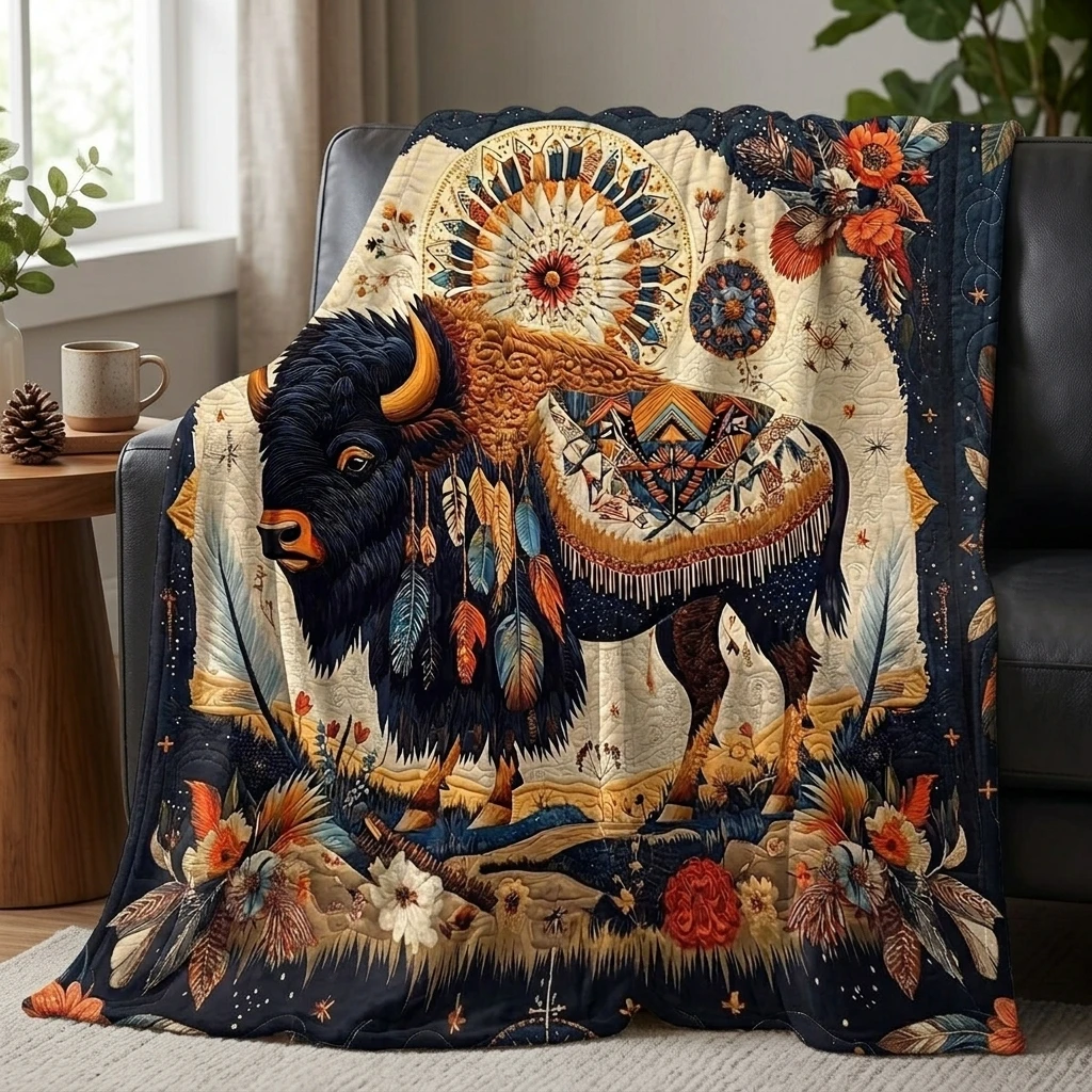 1PC Bohemian Western Bison & Wildflower Thick Flannel Throw Blanket, Soft Warm Portable Throw, Perfect Gift for Adult Boys Girls