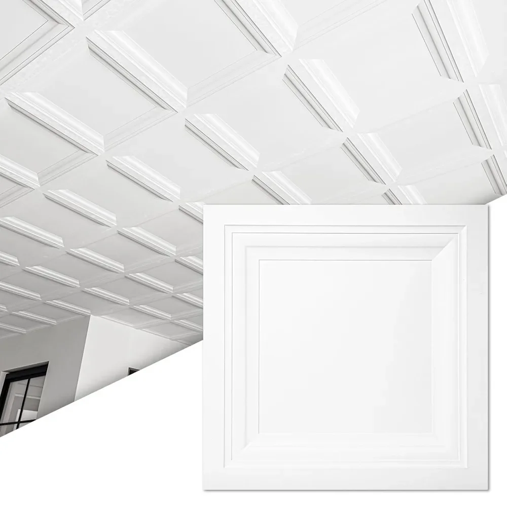 Square Drop Ceiling Tile, PVC Panel, 2ft X 2ft in White, 12 Packs Compatible