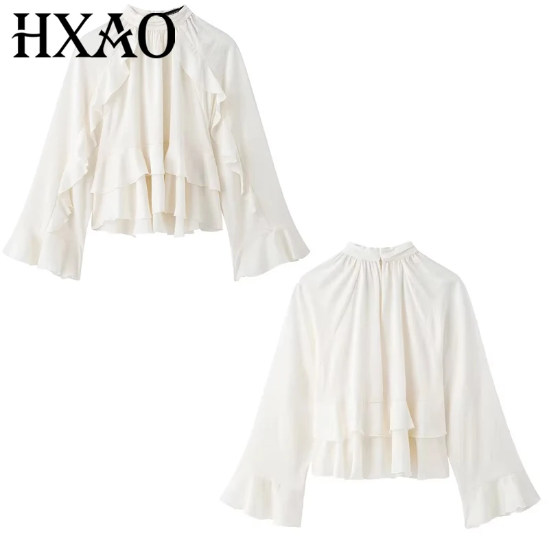 

HXAO 2025 Women's Elegant Blouses Layered White Shirts & Blouses Spring Ruffled Cropped Long Sleeve Tops Stylish Women's Shirts