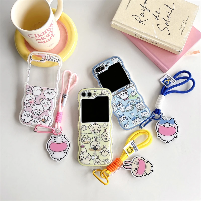 Cute Cartoon Sanrio Japan Anime Chiikawa Phone Case For Samsung Galaxy Z Flip 6 5 Soft TPU Cover For Z Flip 3 4 With Lanyard