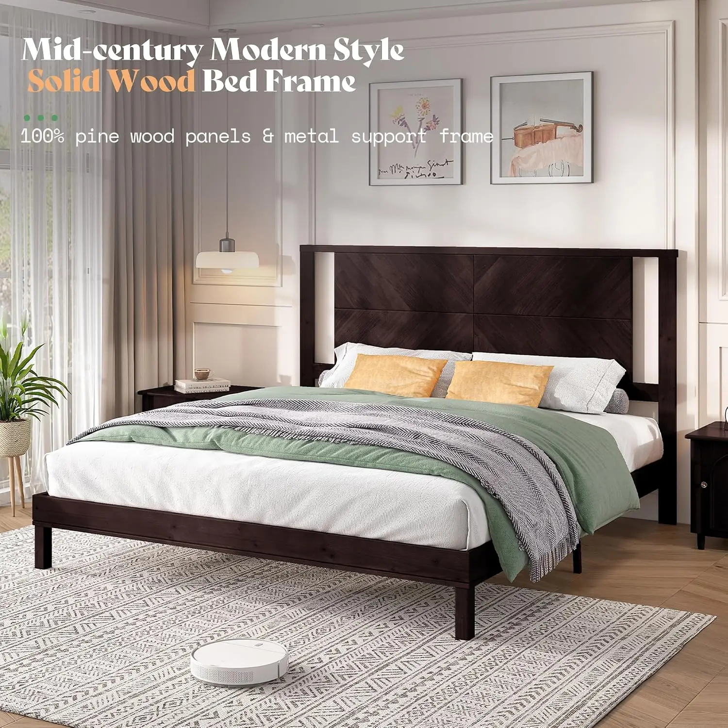 Solid Wood King Size Bed Frame with Headboard, Mid Century Modern Style Platform Bed with Under-Bed Storage, No Box, Custom