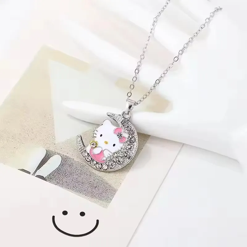 Sanrio Hello Kitty Anime Alloy Cute Kawaii New Creative Moon Style Kitten Necklace Cartoon Simple Children Pendant Holiday Gift