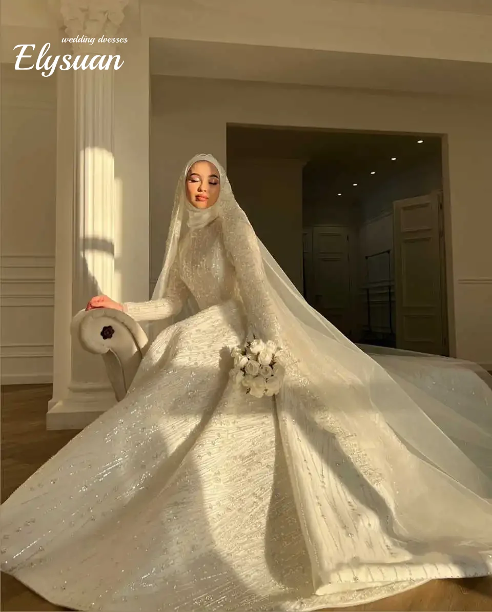Customized Muslim a Line Wedding Dress High Neck Bride Gowns Sweep Train Bridal Dresses