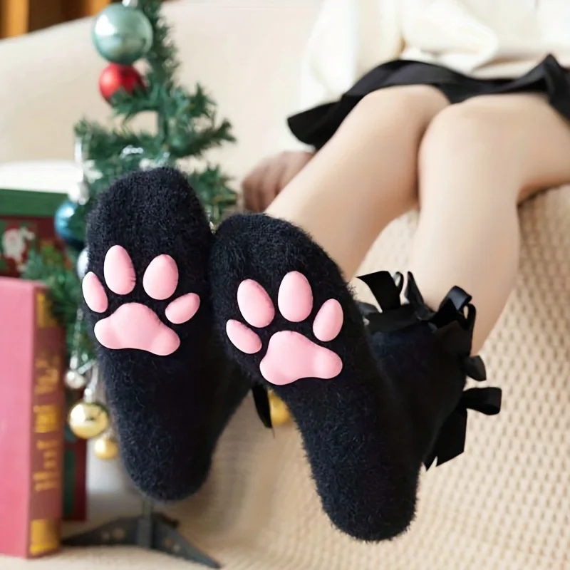 Women's 3D Cat Paw Coral Fleece Bow Calf Socks, Cute Winter Floor Socks for Cosplay, Home & Daily Wear One Size