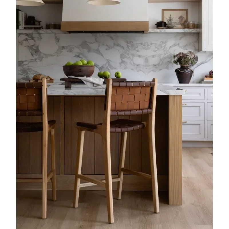 Vintage Solid Wood Bar Stool with Saddle Leather Backrest High Chair for Coffee Shop Home Kitchen Counter Dining Room