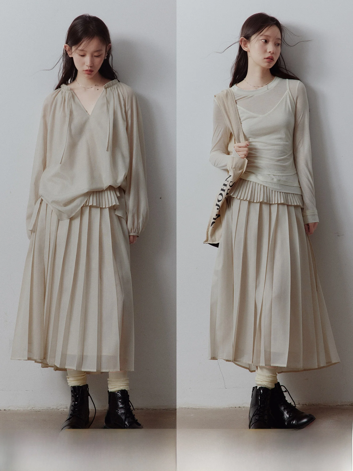 

Fussed Urban Collection Roman Theme Park Heavy Work Layered Light Atmosphere Apricot Grey Multi Layered Pleated Half Skirt