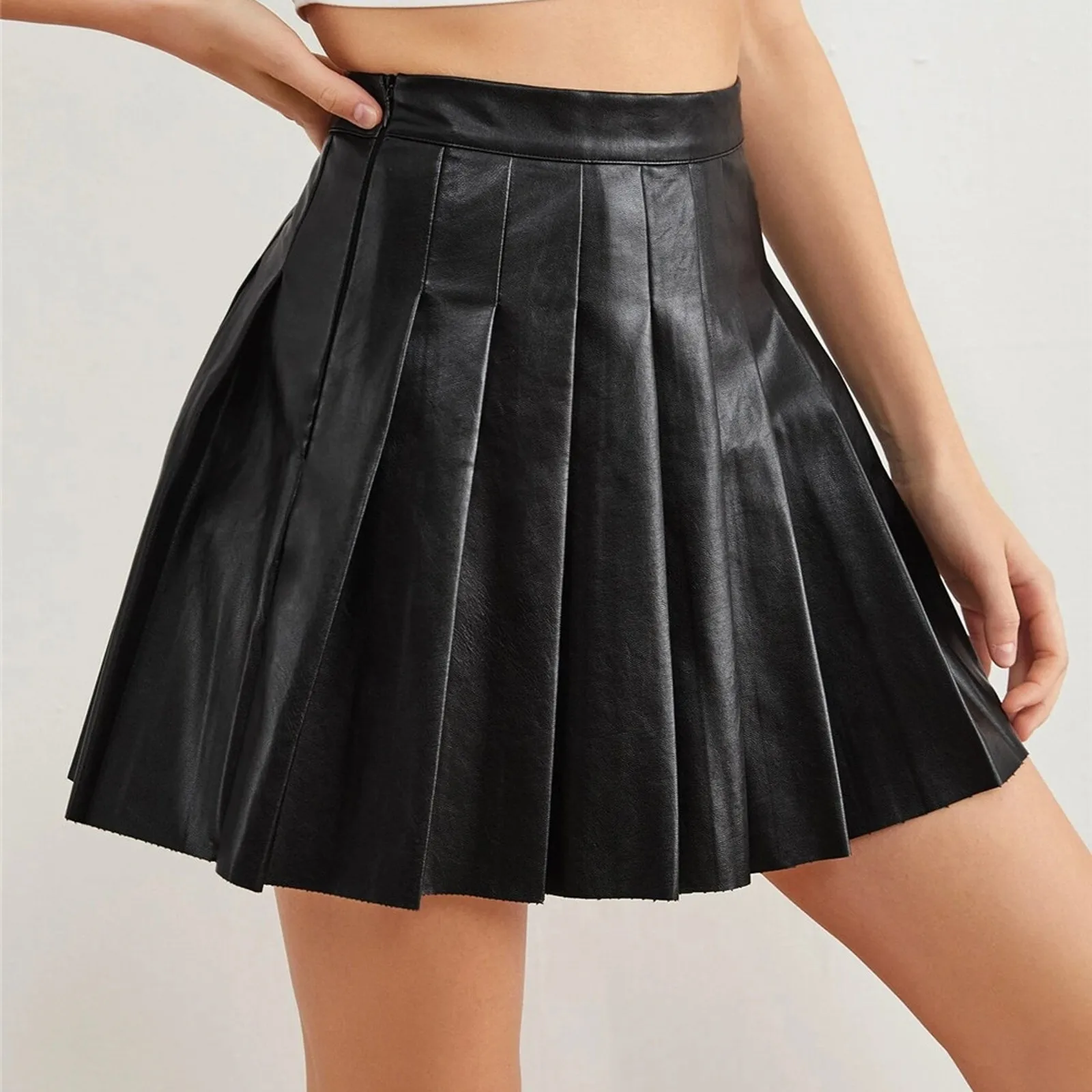 Pleated Elegant High Waist Short Skirt Women Faux Leather Solid Color Cool A Line Skirts Fashion Versatile Hip Wrapped Skirt