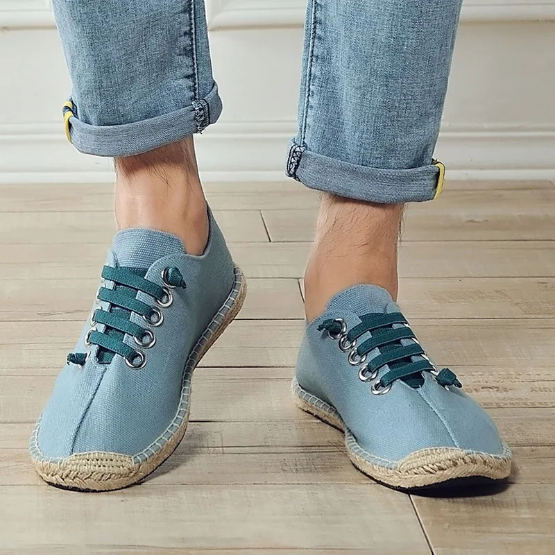 Zapatos de lona planos para hombre, calzado informal de cáñamo transpirable, calzado fresco para jóvenes, calzado de tela negro y azul de talla