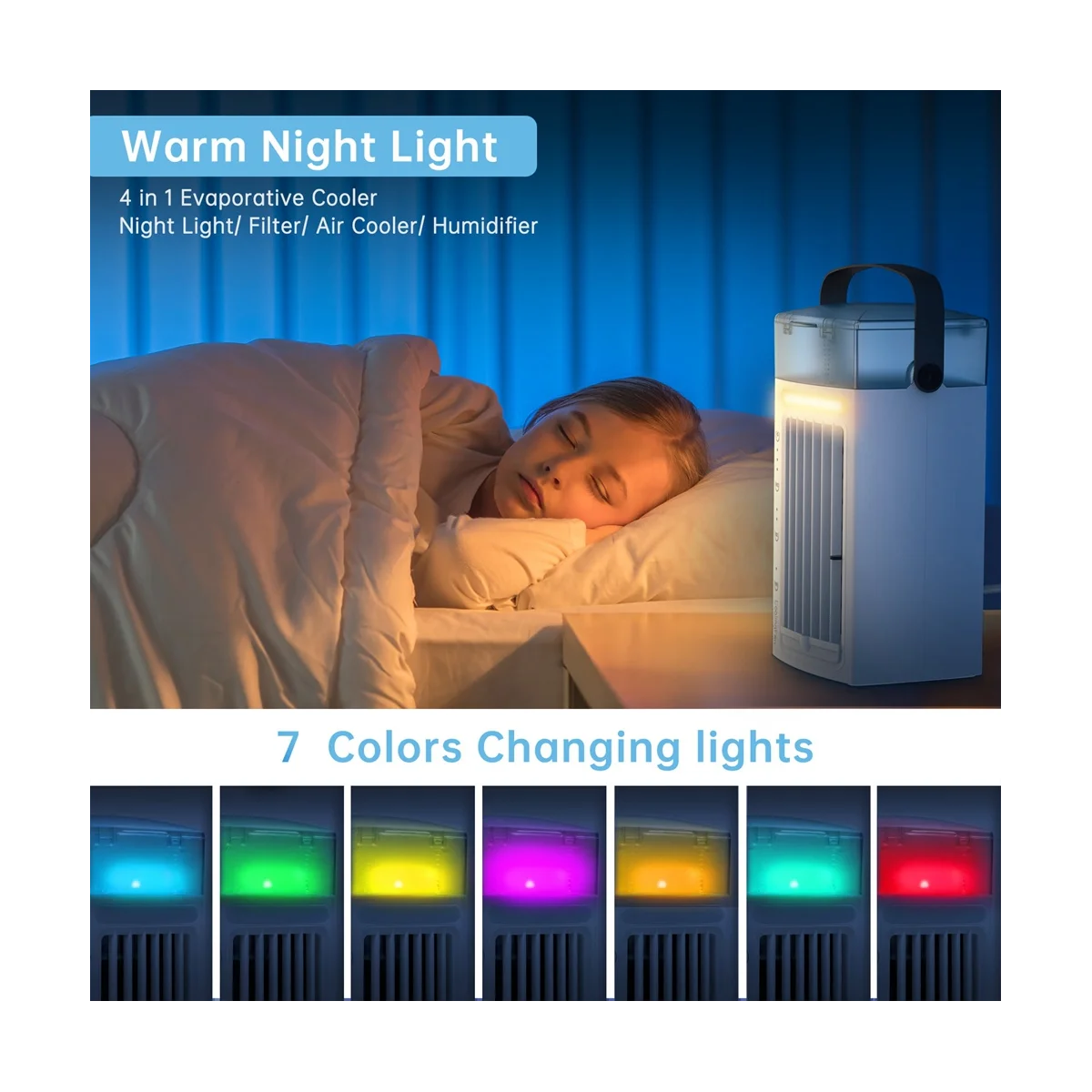 휴대용 에어컨 선풍기, 책상 공기 냉각기 및 가습기, 침실용 LED 조명, 3 선풍기 속도, 7 색, 3 in 1