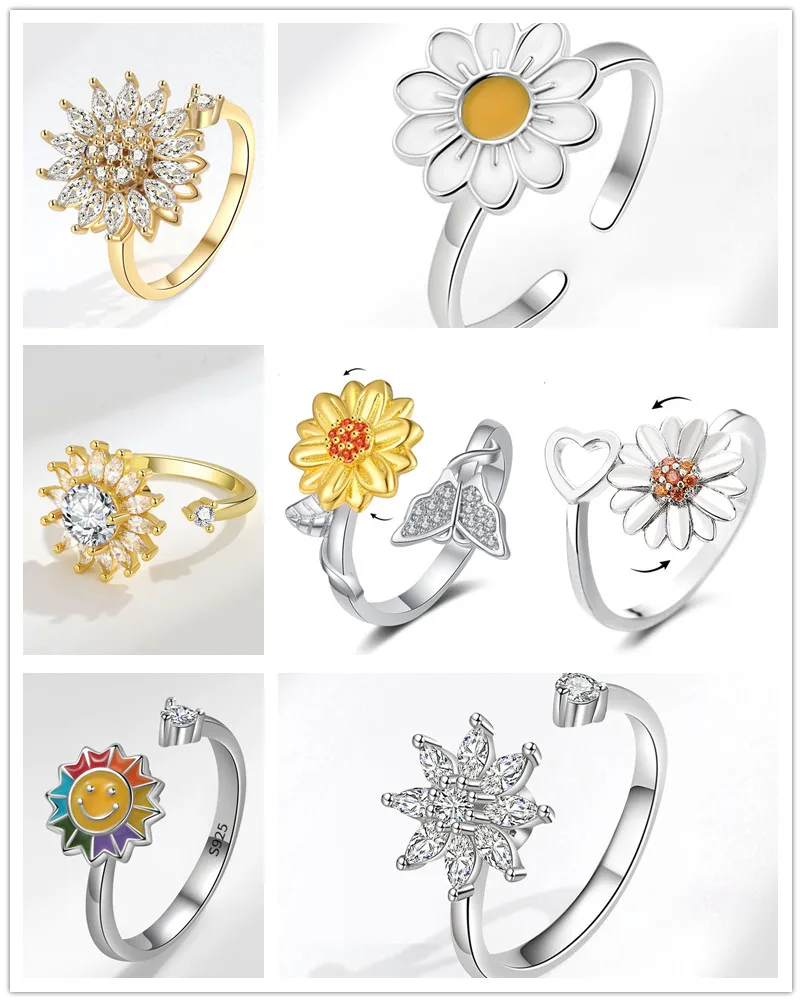 Women's Adjustable Open Finger Ring with Spinning Plant Flower Design Anti-Stress Anxiety Fashion Jewelry Gift for Birthdays