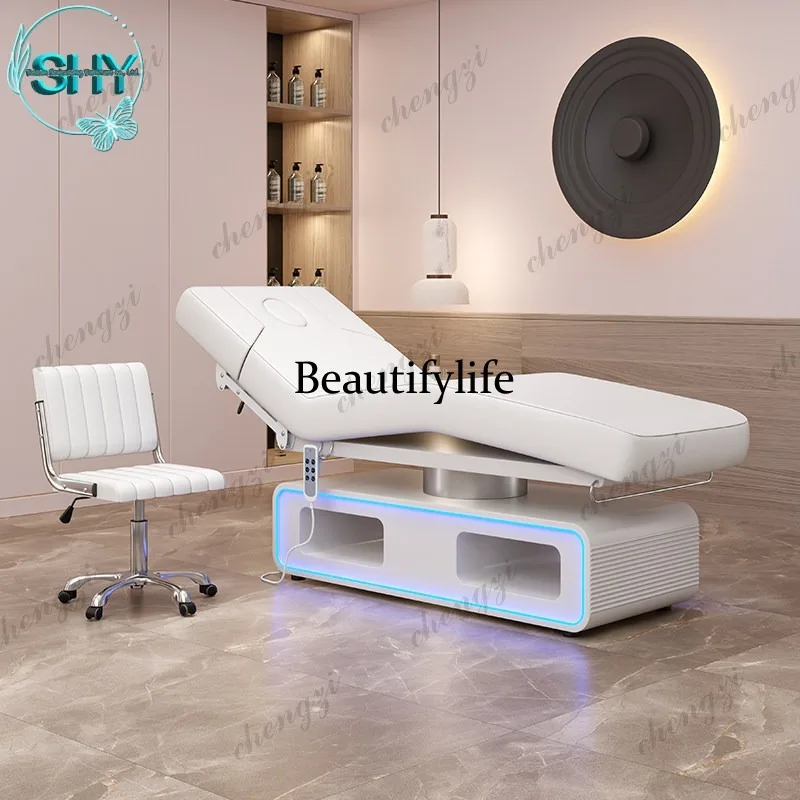 Electric beauty bed with LED lights, armrests, bendable legs, wooden base, light luxury and simple