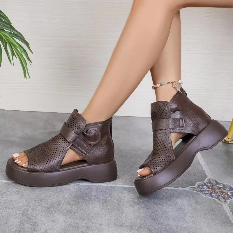 Zomer Nieuwe Holle Ademende Gaten Schoenen Dikke Zool Echt Lederen Vis Mond Haak & Loop Retro Comfortabele Vrouwen Sandalen